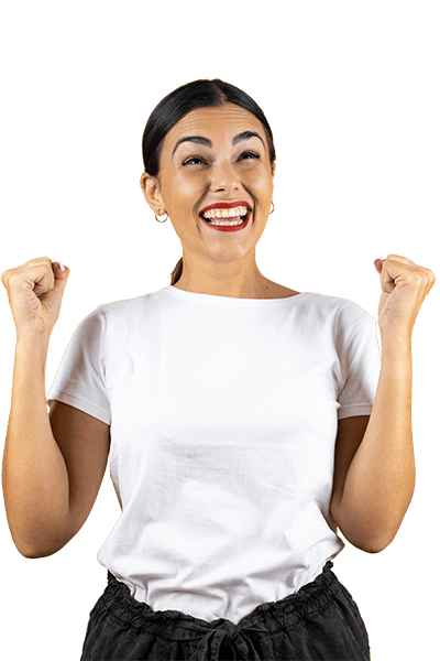A happy woman with a white t-shirt on. With Scanycash, you can become a winner every month!